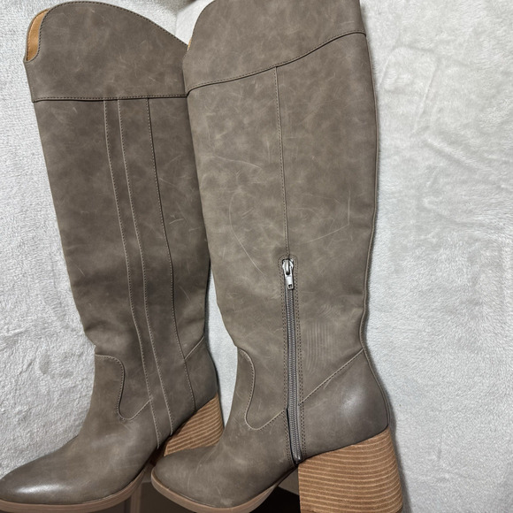 Korks Tall Boot Women 7.5M Brown Block Heel Suede Faux Leather Western Slip On - Picture 5 of 12